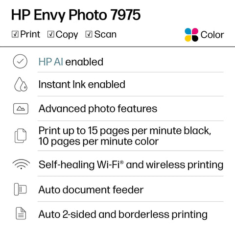 Specifications for the Envy Photo 7975 Wireless Color Inkjet Printer For Home Use With Print Scan Copy No Fuss Setup Mobile Printing AI