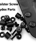 Four Set Release Screw Kits For Leatherwork, Woodworking, And Metal Applications, Rock Solid Screws Delivering A Tight Grip For Sheaths, Holders, And DIY Projects. black holster screw kit with screws and washers on leather holster