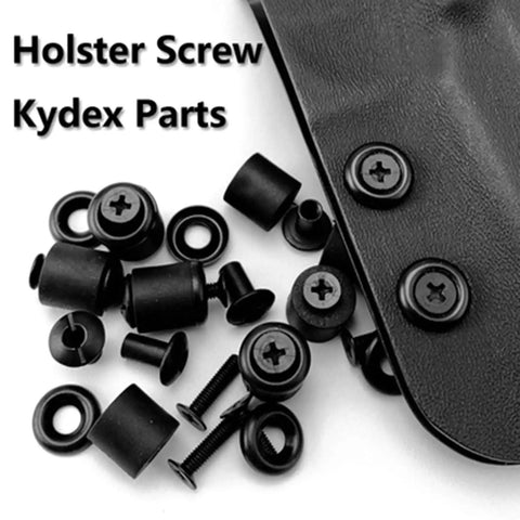 Four Set Release Screw Kits For Leatherwork, Woodworking, And Metal Applications, Rock Solid Screws Delivering A Tight Grip For Sheaths, Holders, And DIY Projects. black holster screw kit with screws and washers on leather holster