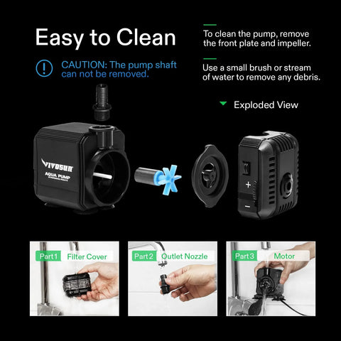 VIVOSUN 2-pack submersible pond pump exploded view showing filter cover, outlet nozzle, and motor
