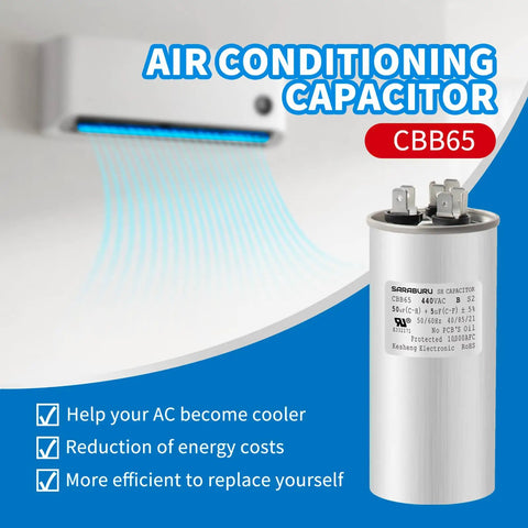 CBB65 Dual Run Capacitor 50 Plus 5 UF 370V 440VAC Replacement for air conditioner, showing labeled terminals
