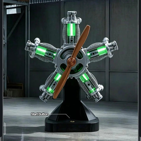Five Cylinder Radial Engine Model Kit That Actually Runs With LED Lights 1:5 Scale Aircraft Engine 3D Printed Mechanical Assembly Toy, front view with propeller and start button