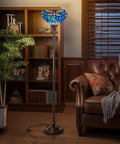 Tiffany Style Stained Glass Torchiere Floor Lamp 70 Inches Tall With Blue Dragonfly Accent Industrial Pole Craft in cozy room