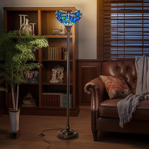 Tiffany Style Stained Glass Torchiere Floor Lamp 70 Inches Tall With Blue Dragonfly Accent Industrial Pole Craft in cozy room