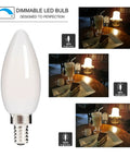 Dimmable LED Filament Candelabra Bulb With E12 Base For Your Chandelier, Frosted Glass, 2700K Warm White, 4.5W 400 Lumens, 360 Degree Beam, UL Listed, 6 Pack in various lighting scenarios from dim to bright in a dining setting.