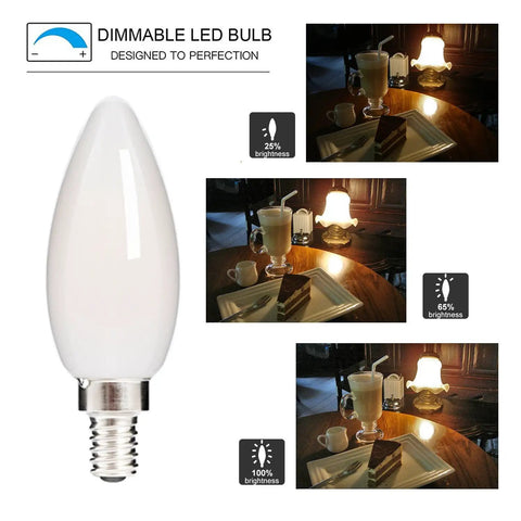 Dimmable LED Filament Candelabra Bulb With E12 Base For Your Chandelier, Frosted Glass, 2700K Warm White, 4.5W 400 Lumens, 360 Degree Beam, UL Listed, 6 Pack in various lighting scenarios from dim to bright in a dining setting.