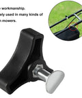 Two Pack Triangular Lawn Mower Handle Knob Nut Bolt Replacement Kit For Honda And Other Lawn Mowers Durable Hard Plastic And Galvanized Iron Fasteners Easy Install Rustproof Replaces Damaged Handles. Close-up of triangular knob and bolt on lawn mower.
