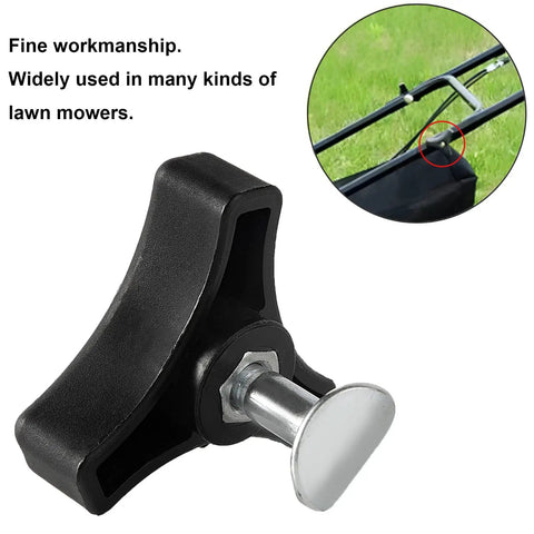 Two Pack Triangular Lawn Mower Handle Knob Nut Bolt Replacement Kit For Honda And Other Lawn Mowers Durable Hard Plastic And Galvanized Iron Fasteners Easy Install Rustproof Replaces Damaged Handles. Close-up of triangular knob and bolt on lawn mower.