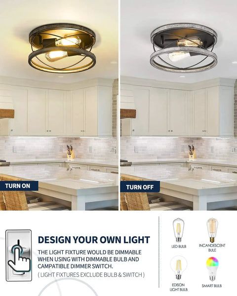 Farmhouse Wood Flush Mount Ceiling Light 12 Inch 2 Light Dimmable Fixture in kitchen, shown on and off