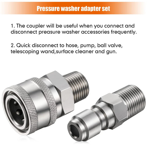 Pair of stainless steel NPT 3/8 inch pressure washer quick-connect adapters, male and female
