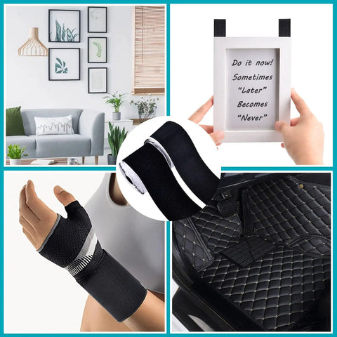 Collage with Heavy Duty Hook And Loop Tape With Adhesive 4 Inch By 18 Feet Black Nylon Strips For various uses.