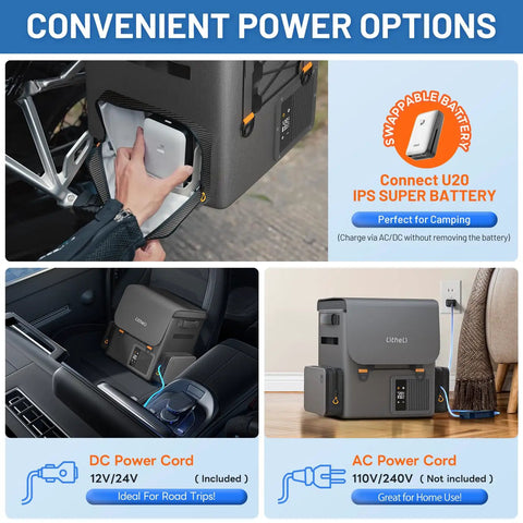 Top Tier Game Changer 12 Volt Portable Freezer And Compressor Cooler With Dual U20 Batteries showing power connections and setup options.