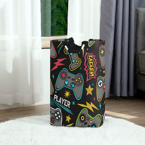 Heavy Duty Tough As Nails Laundry Hamper With Handle Foldable 52L Oxford Cloth with gamepad print in bedroom setting.