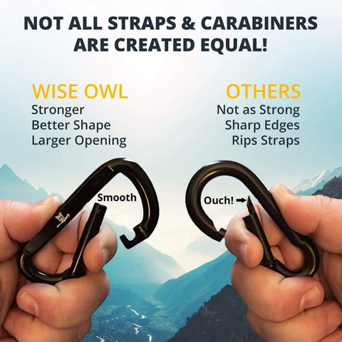 Comparison of two carabiners for Heavy Duty Hammock Straps For Trees 10 Foot Kit With Carabiners And 38 Loops No Fuss Set Up