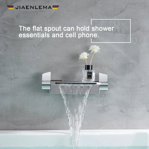 Black Wall Mount Waterfall Tub Faucet With High-Flow Tub Filler, Two-Handle Bathtub Wall Faucet, brass wide spout design.