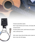 Acoustic Guitar Preamp With EQ And LED Display, Onboard Tuner And Volume Control For Presys Plus shown beside acoustic guitar