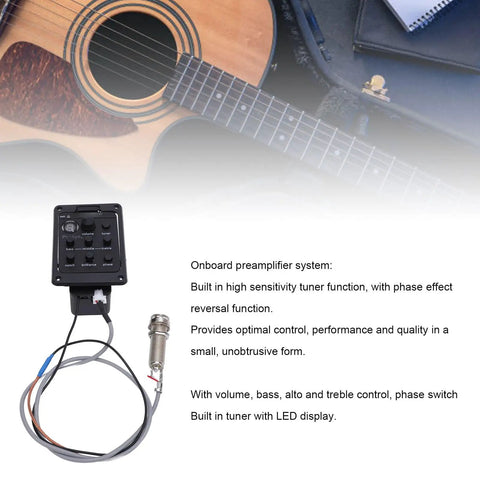 Acoustic Guitar Preamp With EQ And LED Display, Onboard Tuner And Volume Control For Presys Plus shown beside acoustic guitar