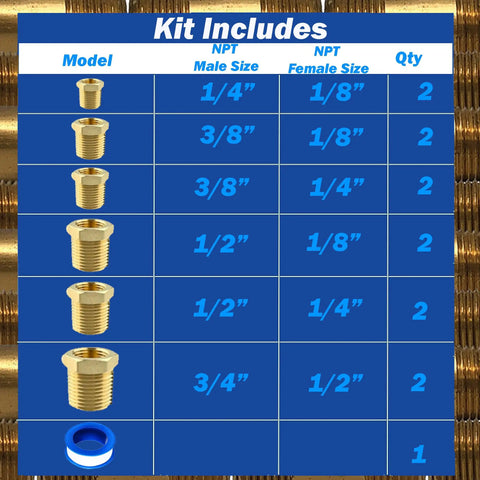 Brass Fitting Hex Bushing Kit 13 Pc Set With Male To Female NPT Adapters For Home Shop And HVAC Reducing Bushings chart