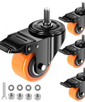 Rock Solid 2 Inch Caster Wheels With Quarter Inch Threaded Stem Set Of 4 Heavy Duty Double Ball Bearing Steel Casters For Furniture And Shop Gear Built Tough Rolls Like A Dream with orange wheels and accessories.