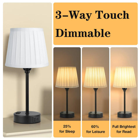 Two Pack Turquoise Bedside Lamps With USB C Port And AC Outlet Charging, showing 3-way dimmable light settings.