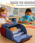 Kids wearing KN95 masks in classroom, backpack with school supplies open, Kids KN95 Disposable Face Masks Pack of 50 for Small to Large Kids