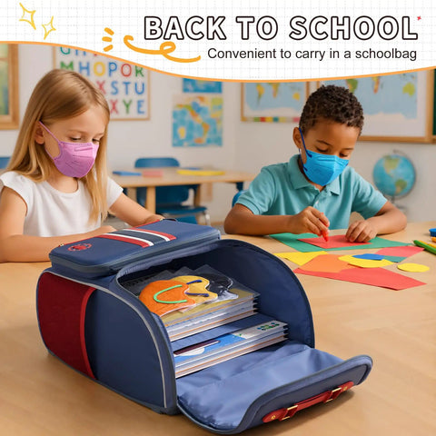Kids wearing KN95 masks in classroom, backpack with school supplies open, Kids KN95 Disposable Face Masks Pack of 50 for Small to Large Kids