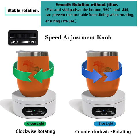 YVV Rotating LED Display Stand With Colorful Lights Spinning Platform showing speed adjustment knob and rotation directions.