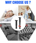 Adjustable Telescopic Bed Support Legs Center Stabilizer shown with images of families sleeping and jumping on beds, preventing sagging.