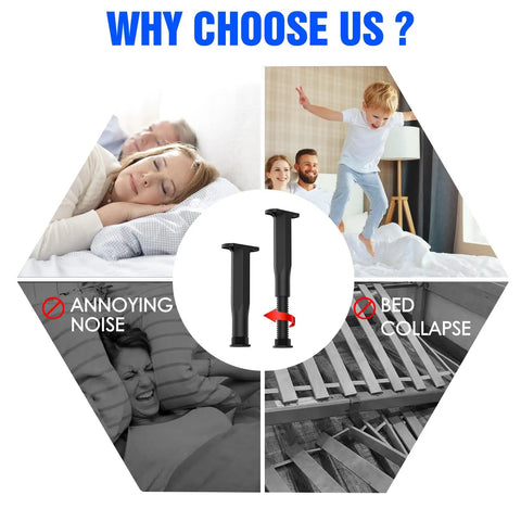 Adjustable Telescopic Bed Support Legs Center Stabilizer shown with images of families sleeping and jumping on beds, preventing sagging.