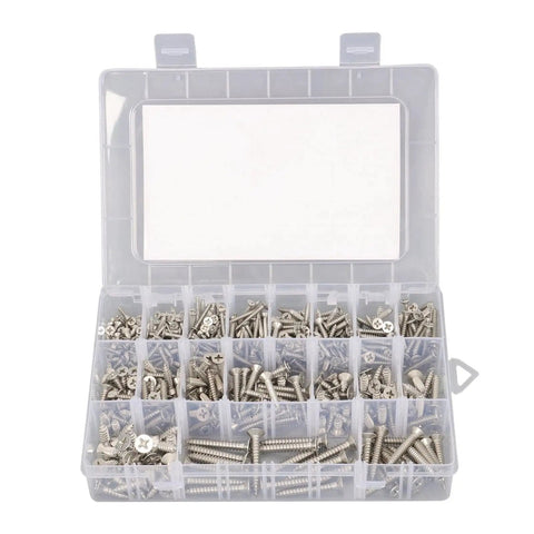 Massive 550 Piece Wood Screws Set Made From 304 Stainless Steel Includes Sizes 4 6 8 10 12 Countersunk For Decks Furniture And All Woodworking Projects Corrosion Resistant Fasteners in a plastic organizer