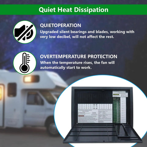 All In One RV Power Center And Distribution Panel With Flexible 30 Amp Or 50 Amp Config For Camping Easy Plug In Ready RV Electrical Hub For Generator And Components 12V System Compatible Easy Install showing quiet operation and overtemperature protection features