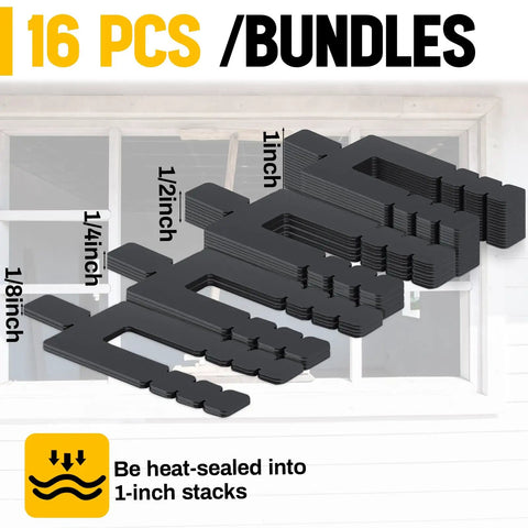 No Sweat Setup Bulk Pack 2500 Pcs Black Plastic Stack Shims for Door and Window Leveling, with various thicknesses displayed.