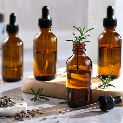 4 Pack 30ml Dark Amber Glass Dropper Bottles With 1 Funnel And 4 Labels on a countertop with herbs.