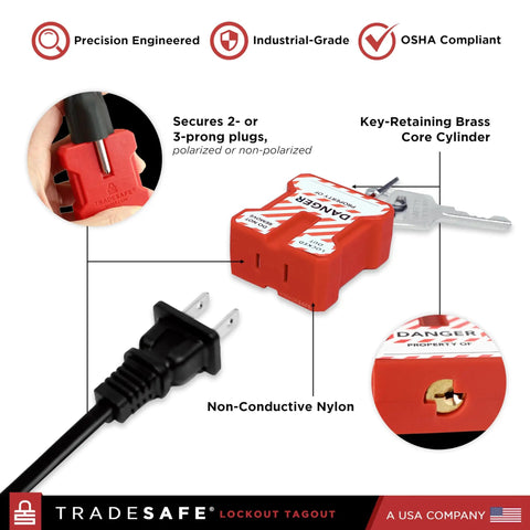 Power Plug Lockout Device For 2 Or 3 Prong Plugs, OSHA Compliant Lockout Lock, Keyed Alike 5 Pack With 2 Keys Each, red nylon