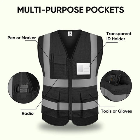 Top Shelf High Visibility Reflective Safety Vest, Class II Ansi Certified Mesh Design With Snag Free Pockets, Breathable Durable Fit For The Daily Grind Or Evening Patrol, Black Size Two X Large with multi-purpose pockets for tools.