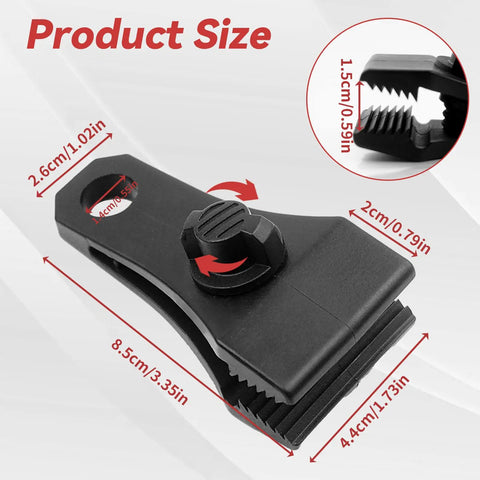 Heavy Duty Tarp Clips Set Of 6 With Lock Grip And Thumb Screws, dimensions labeled, detailed view of jaws