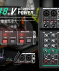 Close-up of controls on a 4 Channel DJ Mixer With Bluetooth, USB MP3 Input, 256 DSP, 48V Phantom Power.