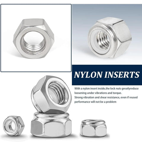 175 Pcs Nylon Insert Lock Nuts Set In 9 Sizes 316 Stainless Steel Hex Nylon Insert Locknuts For Bolts image with nuts detail.