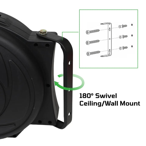 3/8 Inch By 25 Foot PVC Air Hose With 3 Foot Lead In And Auto Retracting Latch System, wall mount detail, high impact polypropylene