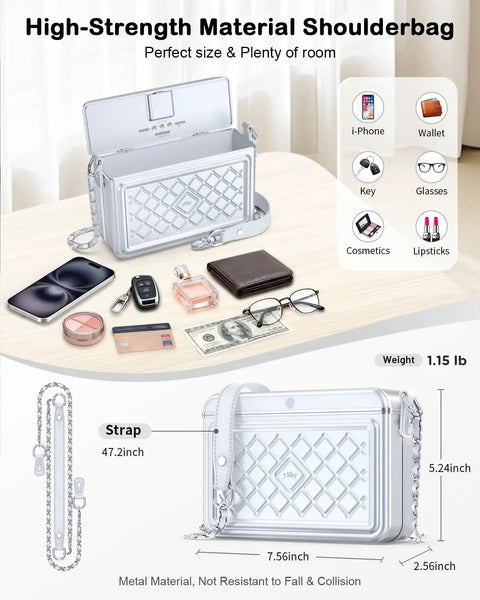 Open silver anti-theft fingerprint safe lock bag for women, showing compartments with a phone, wallet, and keys inside, portable design.