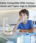 5 Gallon Water Dispenser For Desktop Use Desk Friendly Portable Electric Water Pump with USB C next to various bottles, child drinking water