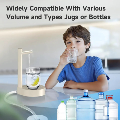 5 Gallon Water Dispenser For Desktop Use Desk Friendly Portable Electric Water Pump with USB C next to various bottles, child drinking water
