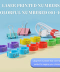 8mm Pigeon Leg Bands Set For Poultry With Laser Etched 001 To 100 In Five Colors Plastic Chicken Tags on colorful background