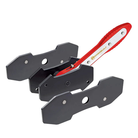 Beefed-Up Ratcheting Caliper Piston Tool Set With Brake Caliper Press Size Range 1-1/2 to 2-5/8 Inches Includes Two Push Plate Sets Magnetic Plate Holders For Easy Changeover Works On Single Twin And Quad Piston Brakes