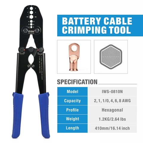 Beefy Heavy Duty Battery Cable Lug Crimp Tool For Eight AWG To One Zero AWG with blue handles and hex die sets in packaging