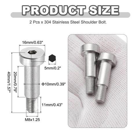 Two Pack 304 Stainless Steel Shoulder Bolts With Hex Socket, 10mm Shoulder Diameter, 20mm Shoulder Length, M8x1.25 Thread, Heavy Duty Hardware For Hydraulic Injection Molding Machinery And Industrial Equipment, showing dimensions and design.
