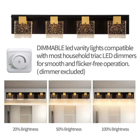 Black And Bronze Vanity Light Fixture With Square Bubble Crystal Panel LED Wall Sconce 4 Lights Rad Warm White 3000K 1600lm