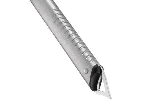 Glacier Linkin Ice Axe With Leash 68cm, close-up of grooved shaft and stainless spike for ice anchoring