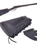 Rifle buttstock cover with leather and waxed canvas cushion, matching gun sling, non slip inner cushions, right hand black strap.