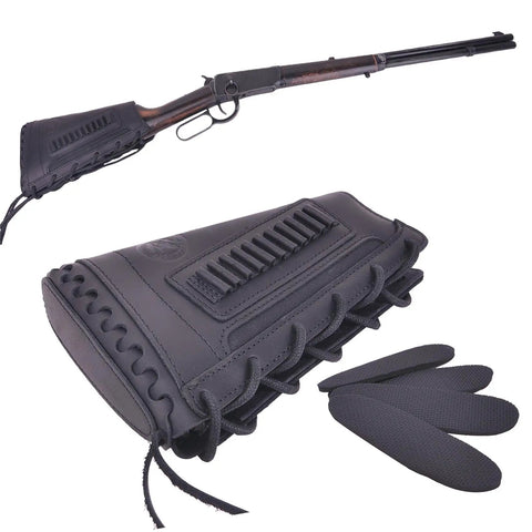 Rifle buttstock cover with leather and waxed canvas cushion, matching gun sling, non slip inner cushions, right hand black strap.